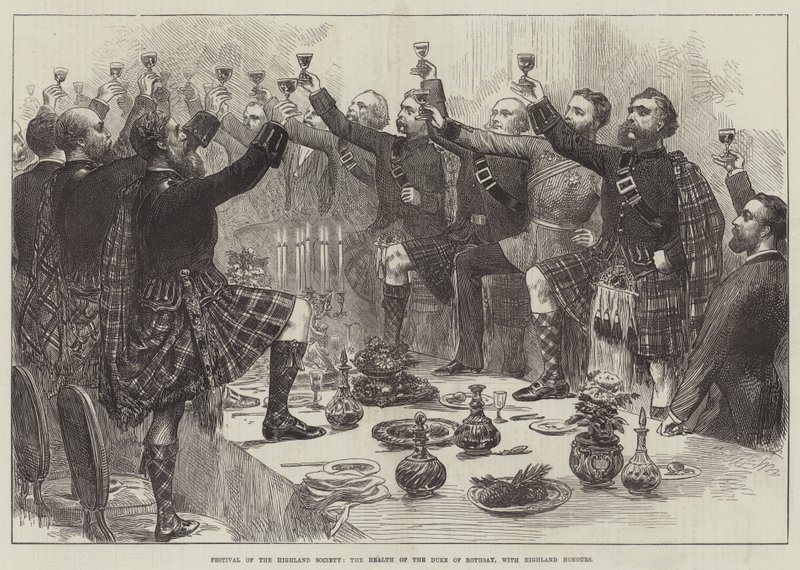 Festival della Società delle Highlands, il brindisi al Duca di Rothsay, con onori delle Highlands (incisione) da English School