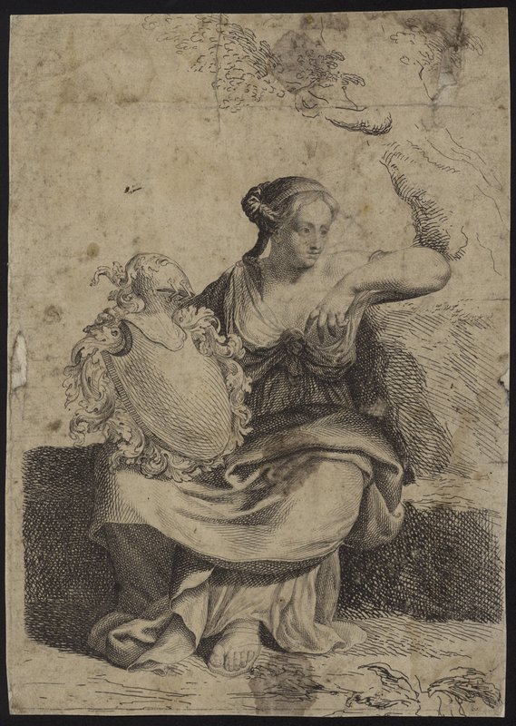 Figura di una donna seduta con una cornice decorativa da English School