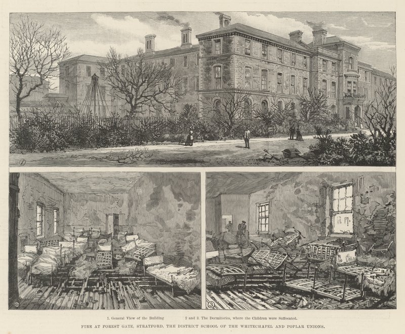 Incendio a Forest Gate, Stratford, la Scuola Distrettuale delle Unioni di Whitechapel e Poplar da English School