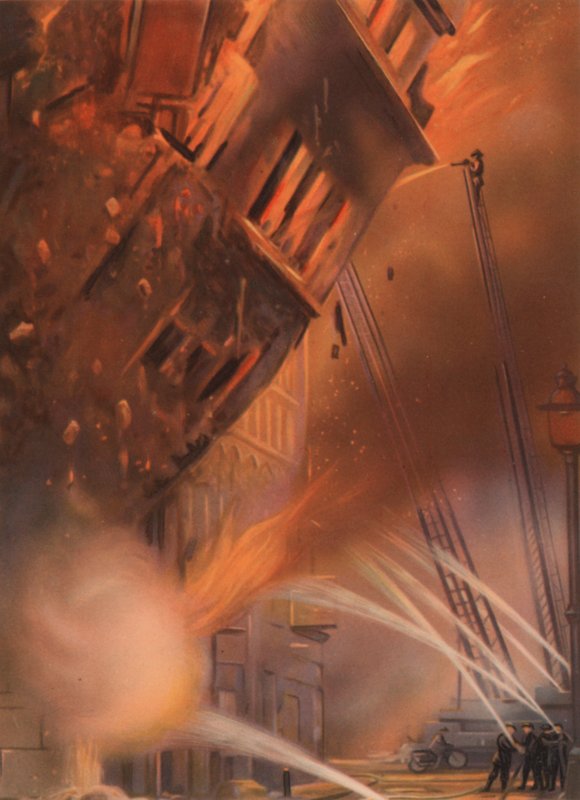 Vigili del fuoco che combattono un incendio durante il Blitz a Londra, Seconda Guerra Mondiale da English School