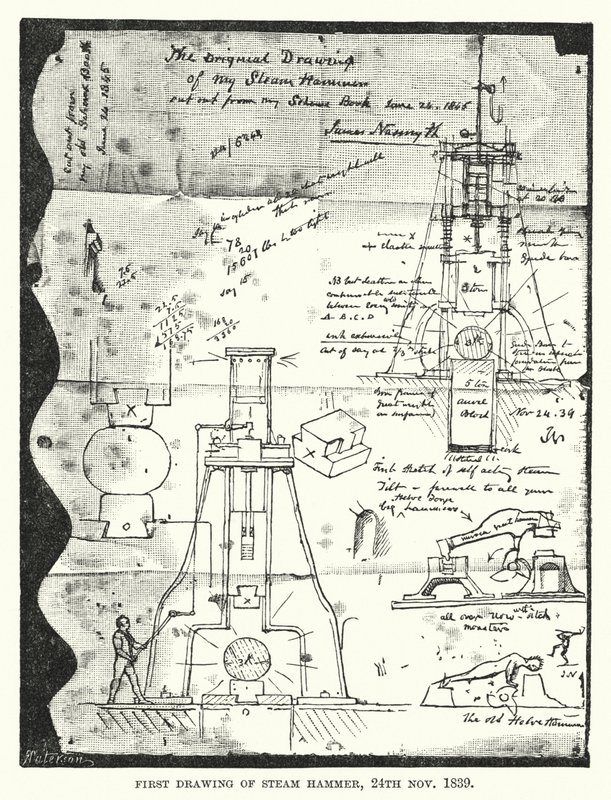 Primo disegno del martello a vapore, 24 novembre 1839 (incisione) da English School