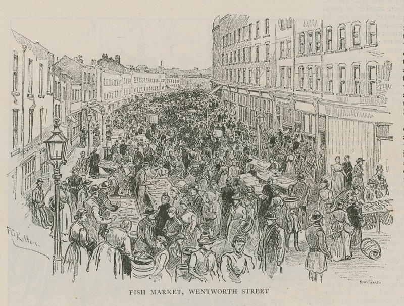 Mercato del pesce, Wentworth Street, Londra da English School