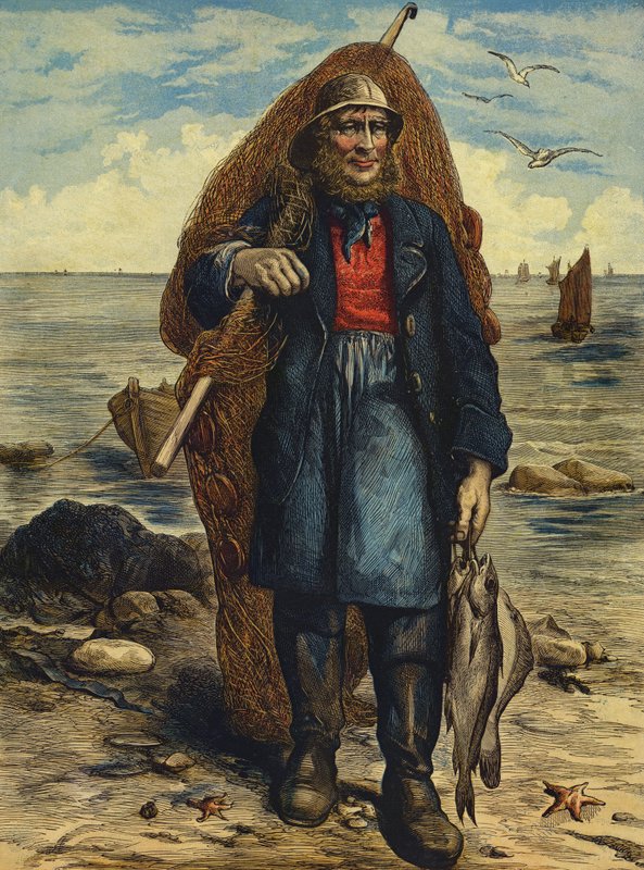 Pescatore che porta le sue reti e tiene il suo pescato da English School