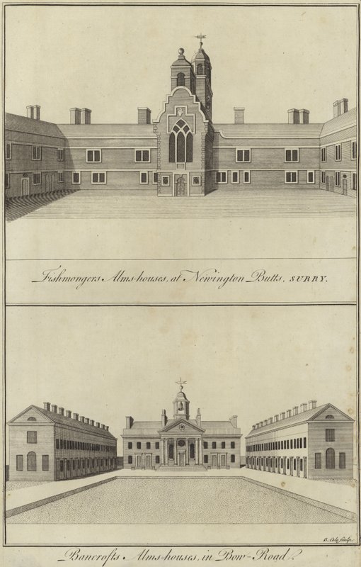 Fishmongers Almshouses, Newington Butts e Bancrofts Almshouses, Bow Road, Londra da English School