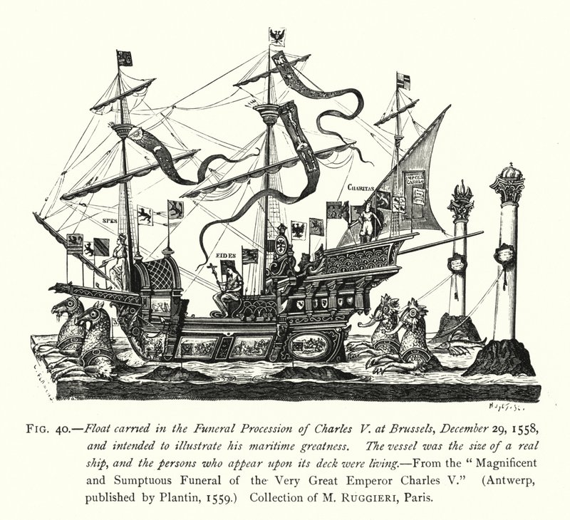Carro funebre portato nel corteo funebre di Carlo V a Bruxelles, 29 dicembre 1558, destinato a illustrare la sua grandezza marittima da English School