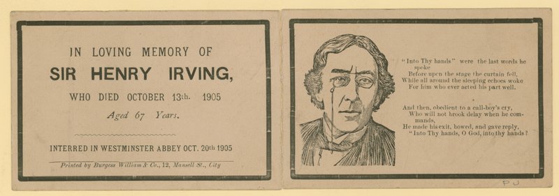 Cartolina pieghevole che segnala la morte di Sir Henry Irving, attore, deceduto il 13 ottobre 1905 da English School