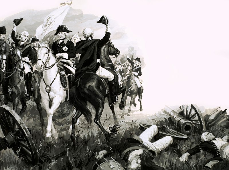Federico il Grande, re di Prussia, con le sue truppe in battaglia da English School
