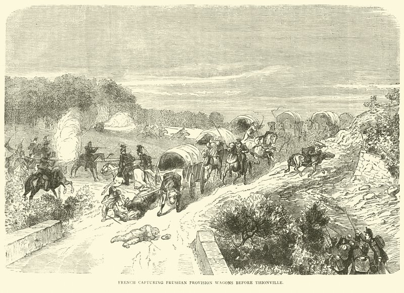Francesi che catturano carri di provviste prussiani prima di Thionville, settembre 1870 da English School