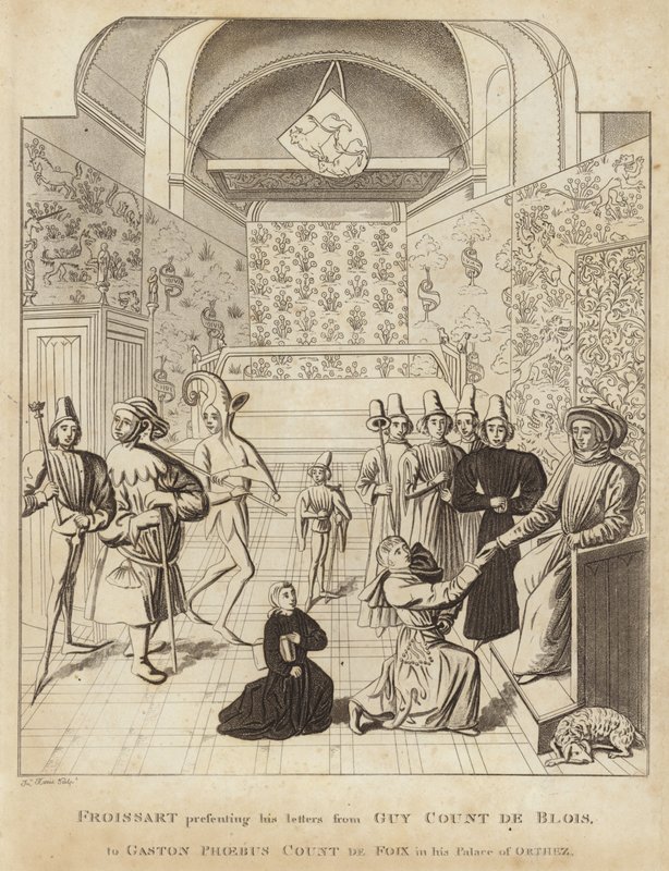 Froissart presenta le sue lettere da Guy Court de Blois a Gaston Phoebus, conte di Foix, nel suo palazzo di Orthez da English School