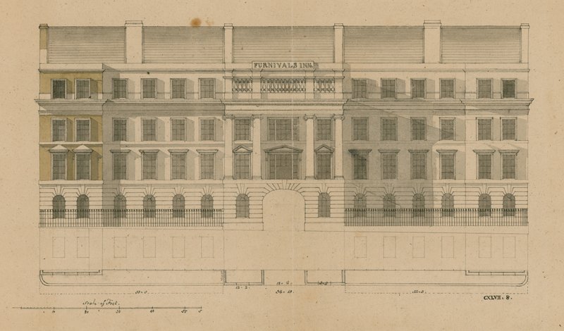 Elevazione frontale di Furnivals Inn, Holborn, Londra da English School