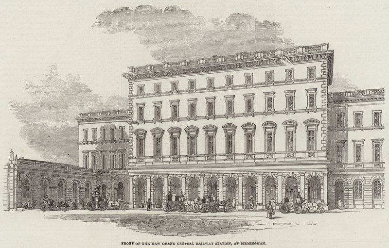 Facciata della nuova Stazione Ferroviaria Grand Central, a Birmingham (incisione) da English School