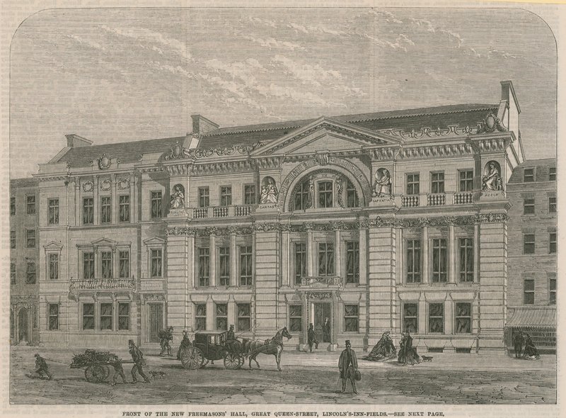 Facciata della nuova Freemasons Hall, Great Queen Street, Lincolns Inn Field, Londra da English School