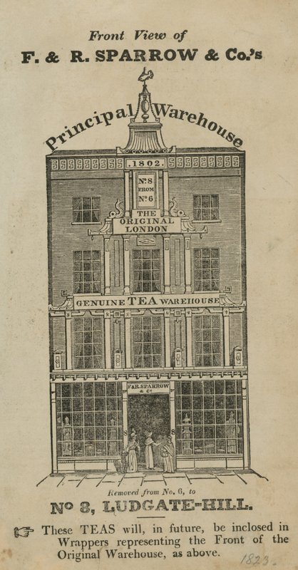 Veduta frontale del magazzino Fred & Robert Sparrow & Co a Ludgate Hill da English School
