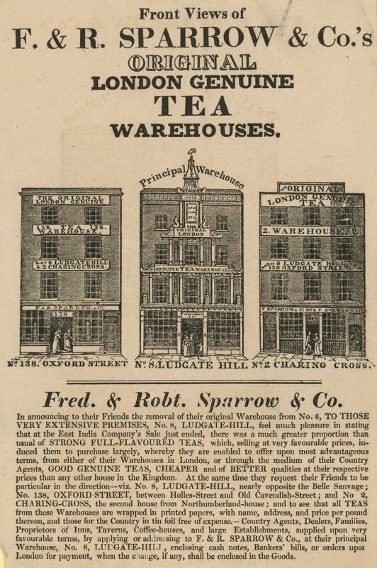 Vedute frontali dei magazzini Fred & Robert Sparrow & Co da English School