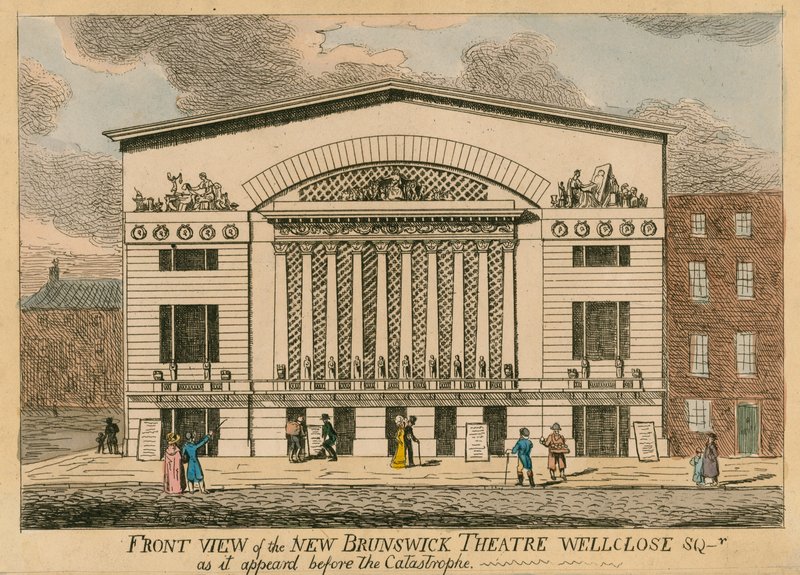 Vedute frontali del nuovo Teatro Brunswick, Wellclose Square, Londra, come appariva prima della catastrofe da English School