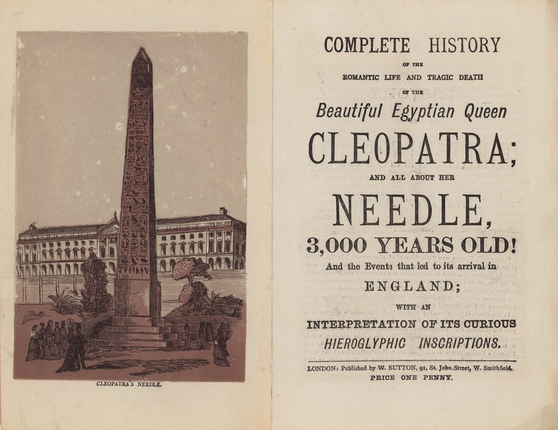 Frontespizio e pagina del titolo per Storia completa della vita romantica e della tragica morte della bella regina egiziana Cleopatra da English School