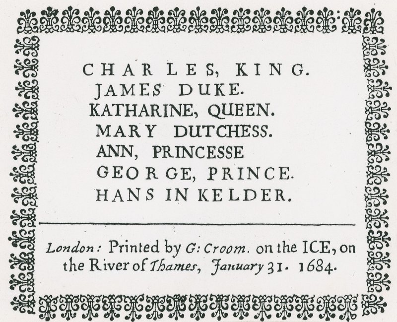 Frost Fair sul Tamigi, Souvenir stampato per Re Carlo II e la famiglia, 1684 da English School