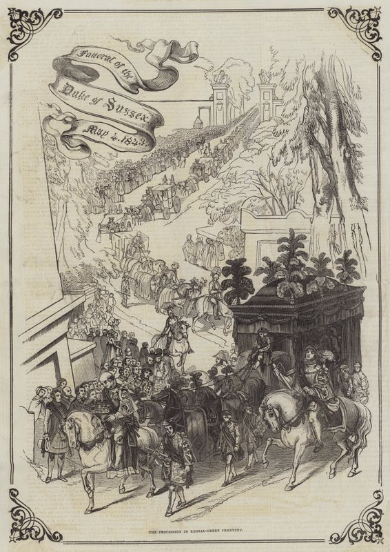 Funerale del Duca di Sussex, 4 maggio 1843, il corteo nel cimitero di Kensal-Green (incisione) da English School