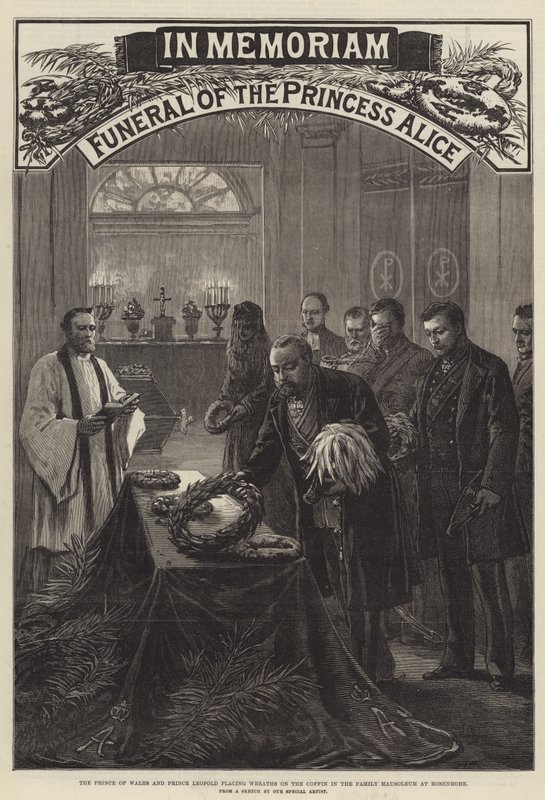 Funerale della Principessa Alice, il Principe di Galles e il Principe Leopoldo depongono Corone sulla Bara nel Mausoleo di Famiglia a Rosenhohe da English School