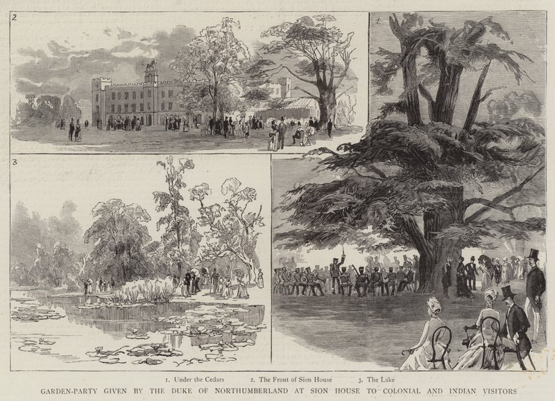 Festa in giardino offerta dal duca di Northumberland a Sion House per visitatori coloniali e indiani (incisione) da English School