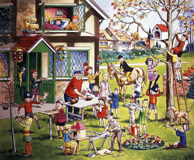 Scena di giardino con bambini (con oggetti nascosti) da English School