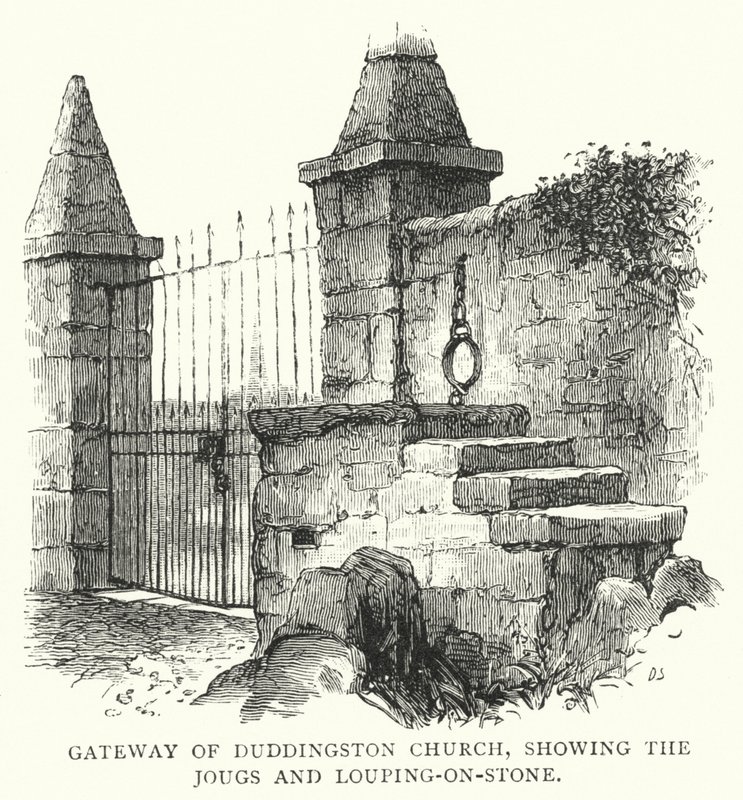 Portale della Chiesa di Duddingston, con Jougs e Louping-on-Stone da English School