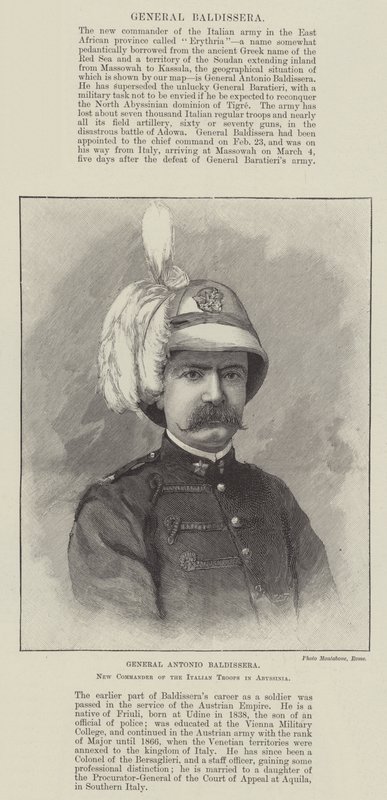 Generale Antonio Baldissera, nuovo comandante delle truppe italiane in Abissinia (incisione) da English School