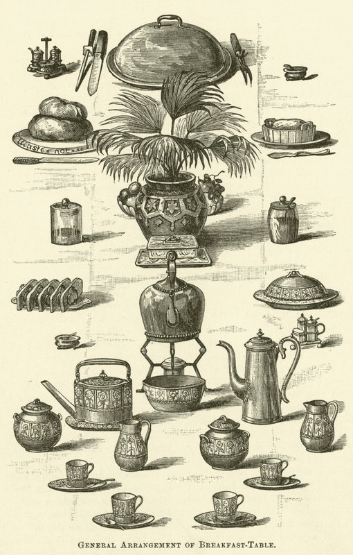 Disposizione generale del tavolo della colazione (incisione) da English School