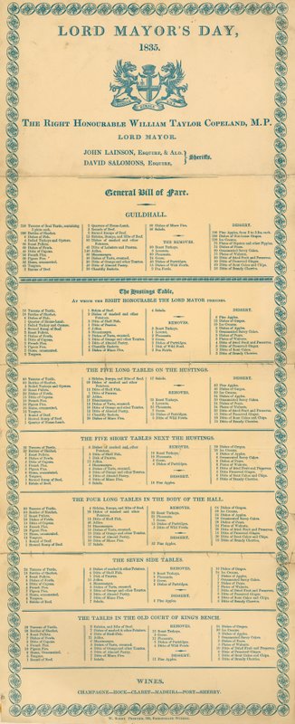 Menù generale per il Giorno del Lord Mayor, Guildhall, Londra, 9 novembre 1835 da English School