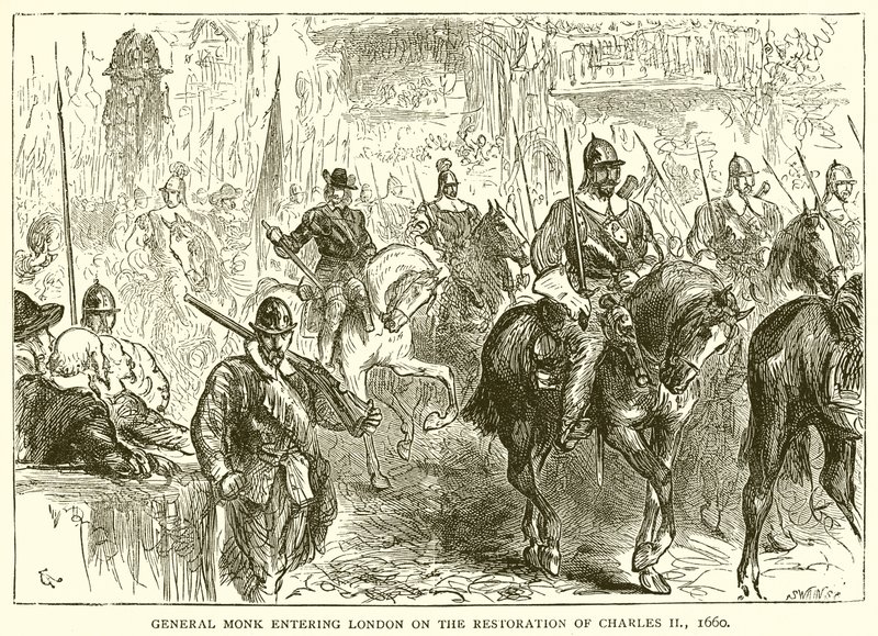 Il generale Monk entra a Londra durante la restaurazione di Carlo II, 1660 da English School