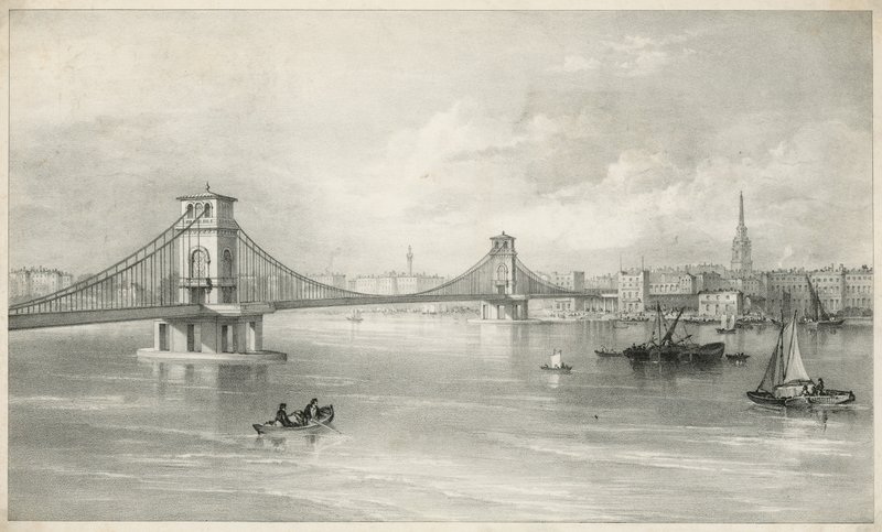Vista generale del ponte sospeso di Hungerford e Lambeth da English School