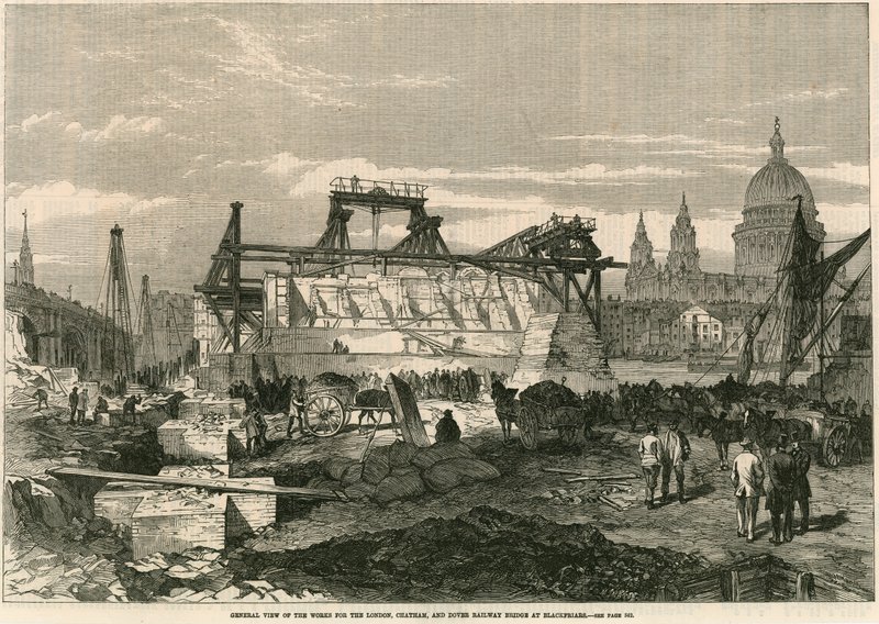 Veduta generale dei lavori per il ponte ferroviario di Londra, Chatham e Dover a Blackfriars, Londra da English School