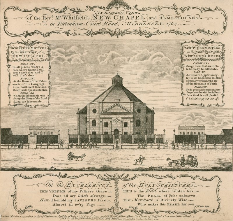 La nuova cappella e le case di carità di George Whitefield in Tottenham Court Road, Londra, 1764 da English School