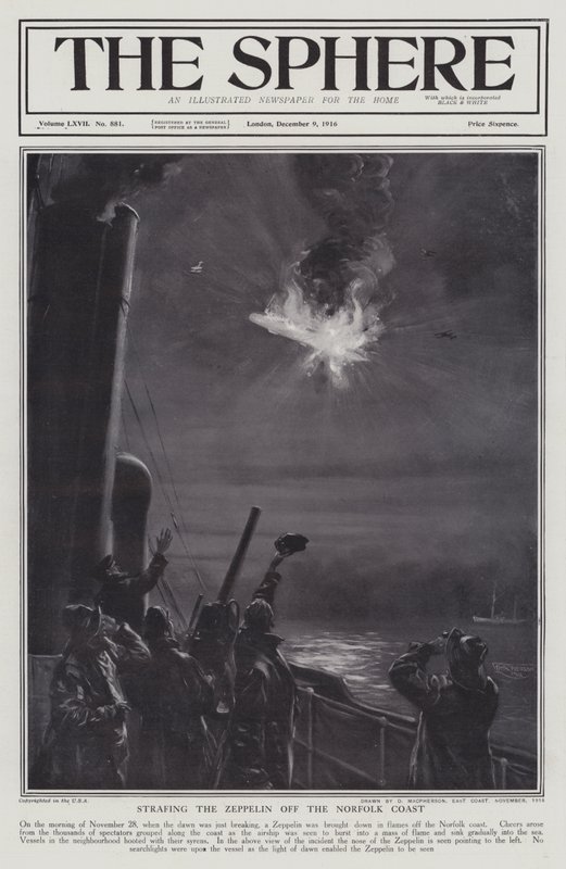 Dirigibile tedesco Zeppelin abbattuto in fiamme al largo della costa di Norfolk, Prima Guerra Mondiale, 28 novembre 1916 da English School