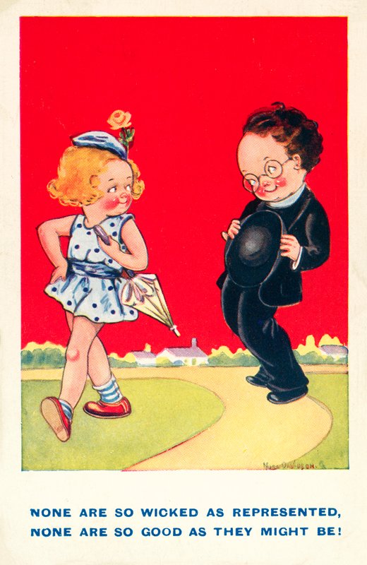 Ragazza e ragazzo, buoni e cattivi (litografia a colori) da English School