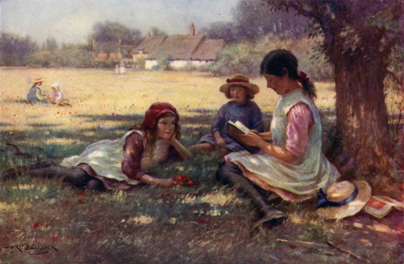 Ragazza che legge una fiaba ad altri bambini da English School