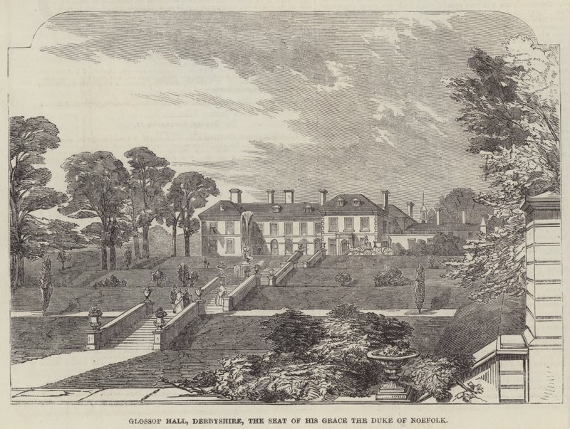 Glossop Hall, Derbyshire, la residenza di Sua Grazia il Duca di Norfolk (incisione) da English School