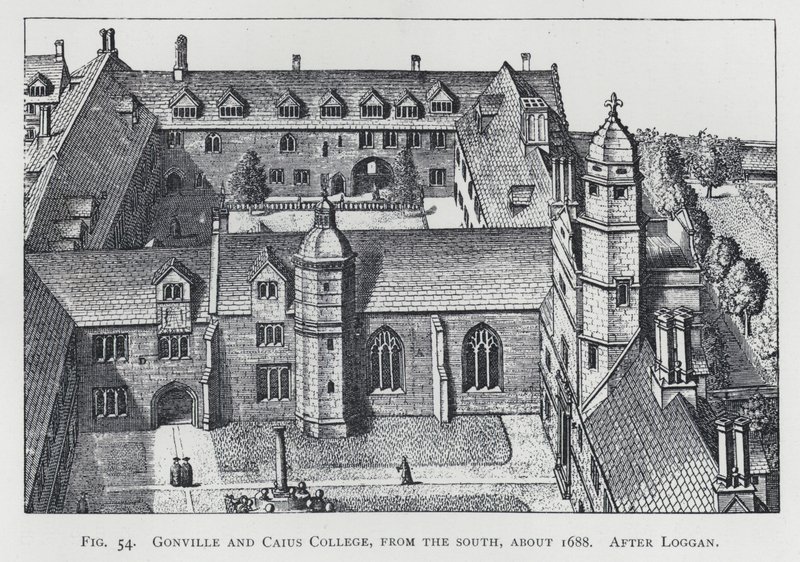 Gonville and Caius College, da sud, circa 1688, dopo Loggan da English School
