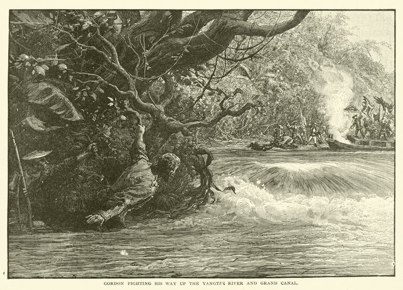 Gordon che combatte risalendo il fiume Yangtze e il Gran Canale (incisione) da English School