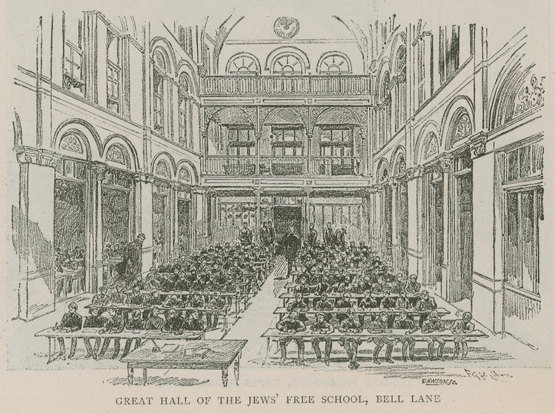 Grande Sala della Scuola Libera Ebraica, Bell Lane, Londra da English School