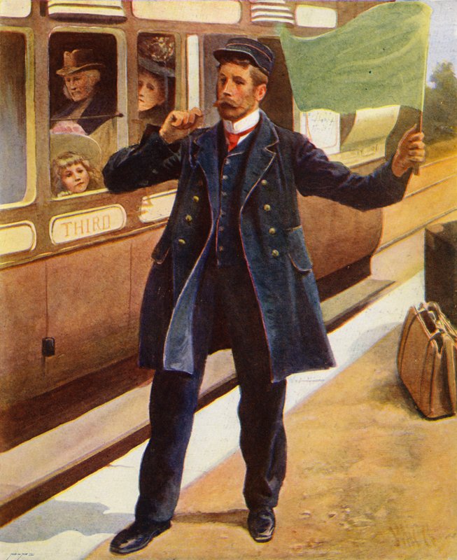 Guardia che fischia mentre il treno sta per partire da English School