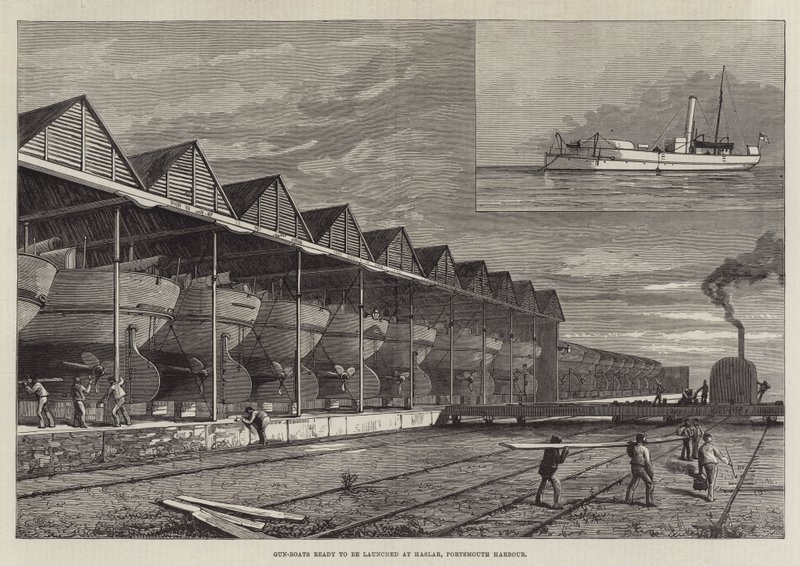 Cannoniere pronte per essere varate a Haslar, porto di Portsmouth da English School