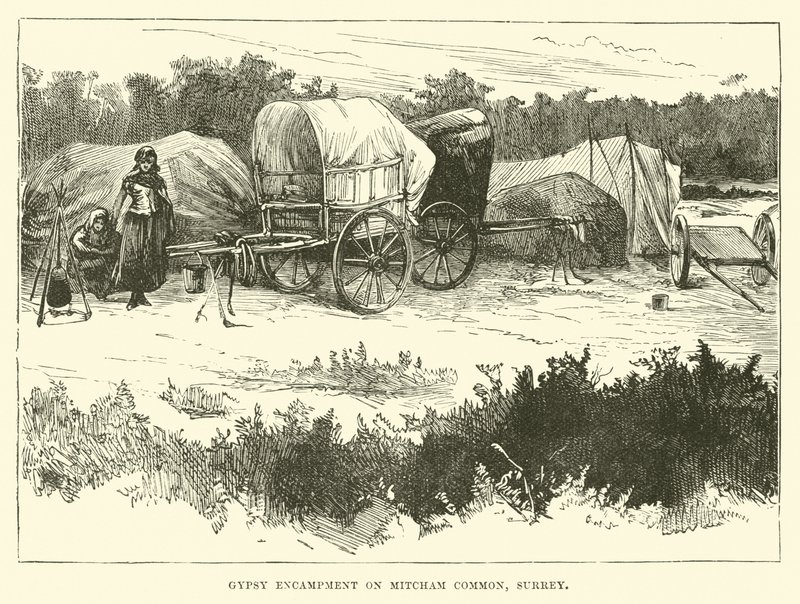 Accampamento di zingari a Mitcham Common, Surrey da English School