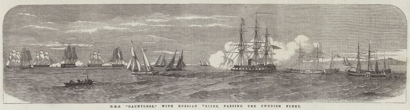 HMS "Dauntless," con premi russi, passando la flotta svedese (incisione) da English School
