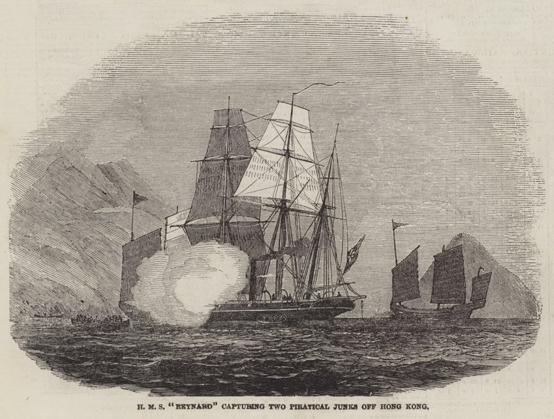 HMS "Reynard" cattura due giunche pirata al largo di Hong Kong (incisione) da English School