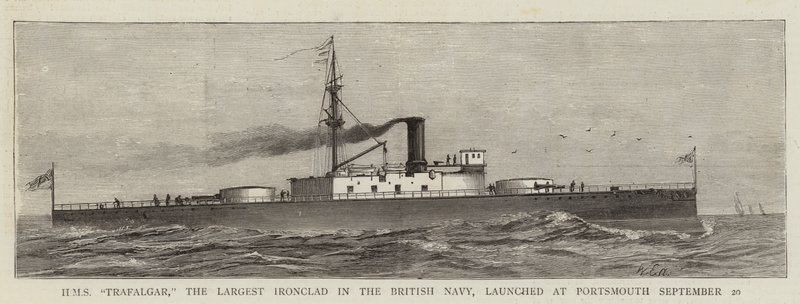 HMS "Trafalgar," il Più Grande Corazzato della Marina Britannica, varato a Portsmouth il 20 Settembre (incisione) da English School