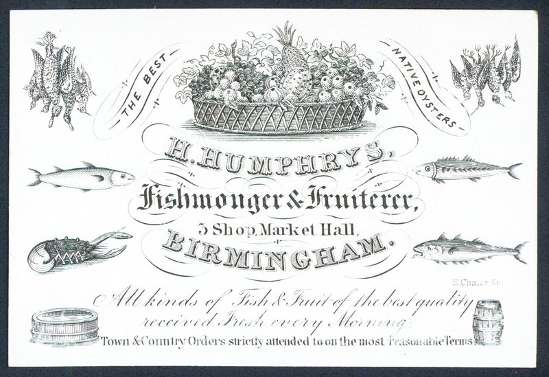 H Humphrys, pescivendolo e fruttivendolo, biglietto commerciale da English School