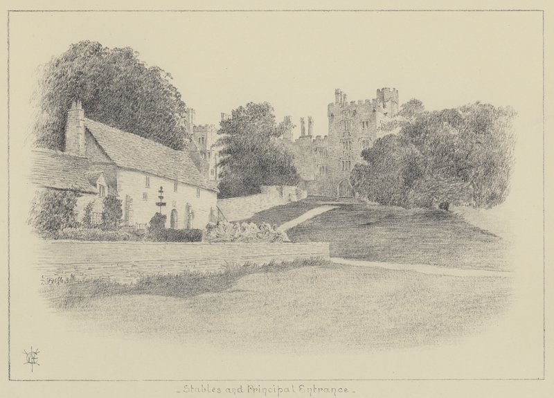 Haddon Hall, scuderie e ingresso principale da English School