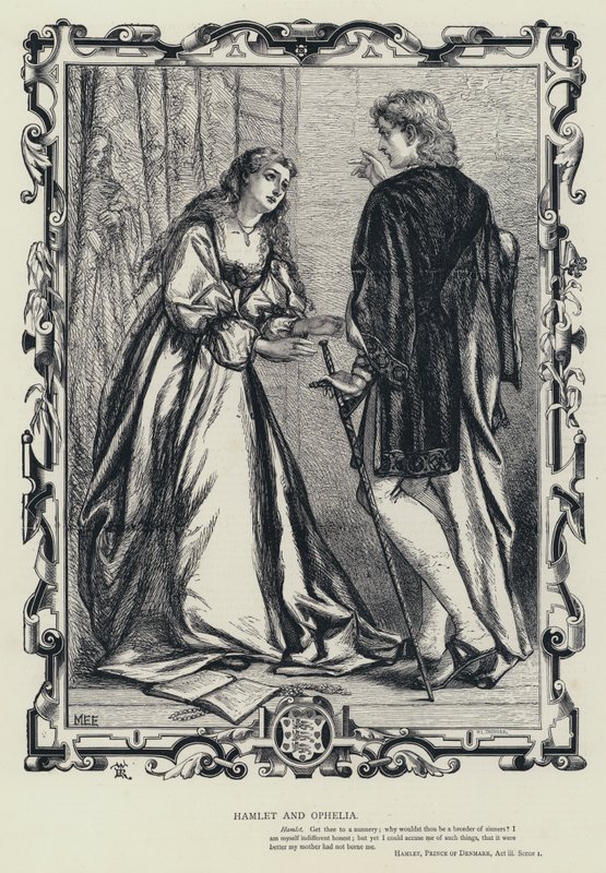 Amleto e Ofelia, Amleto, Principe di Danimarca, Atto III, Scena 1 (incisione) da English School