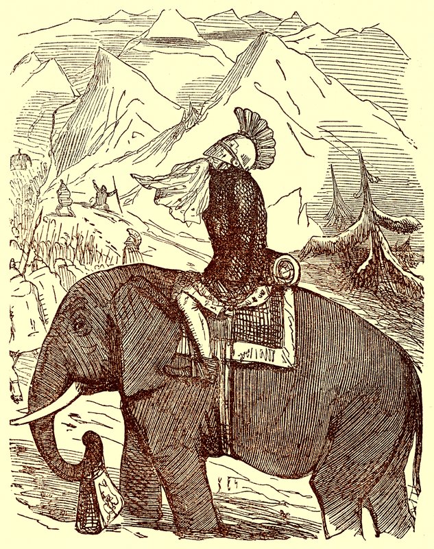Annibale attraversa le Alpi, illustrazione da La Storia Comica di Roma di Gilbert Abbott a Beckett, pubblicata c.1850 da English School